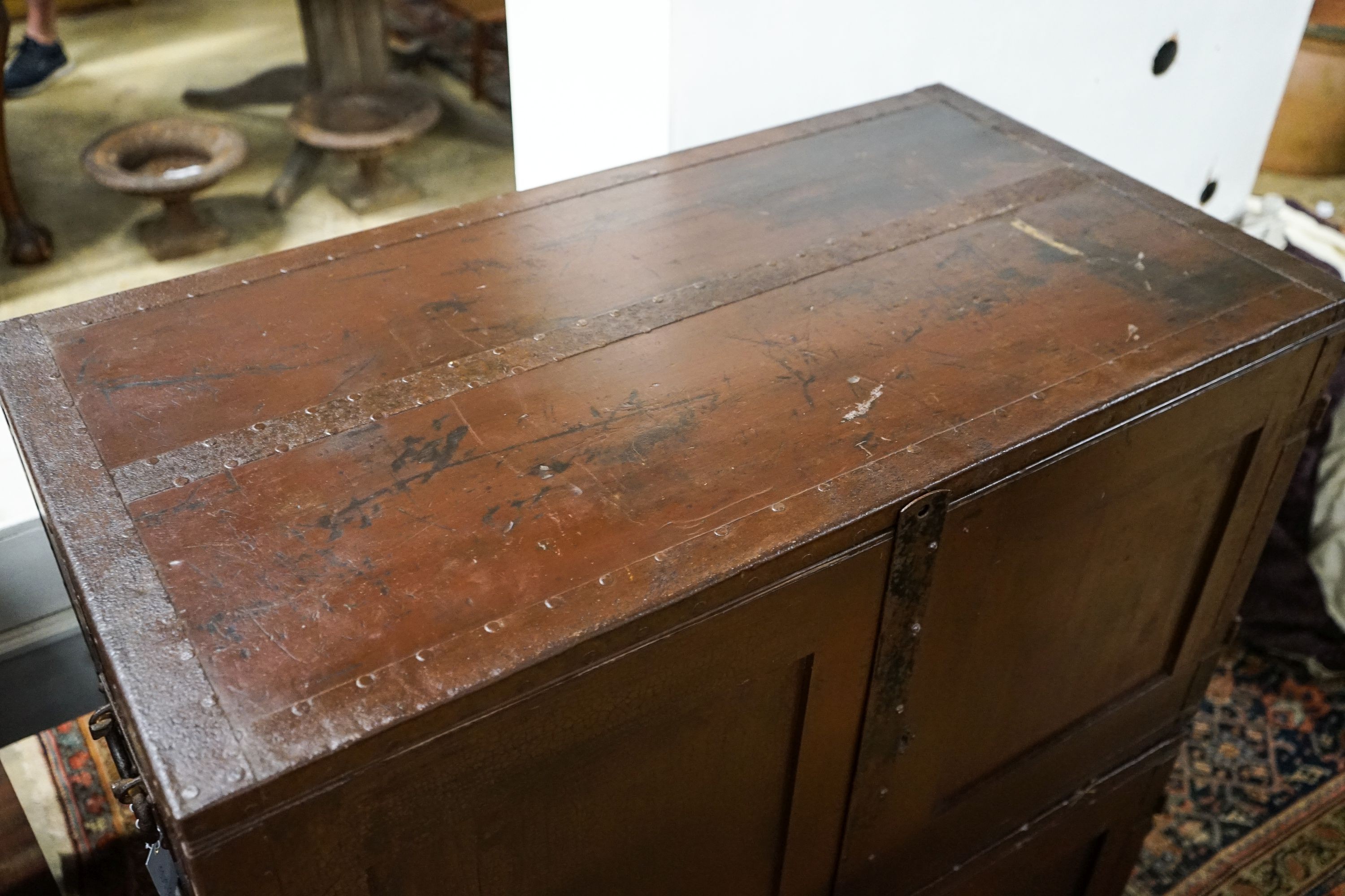 A pair of iron bound hardwood campaign cabinets, each width 97cm, depth 51cm, height 52cm